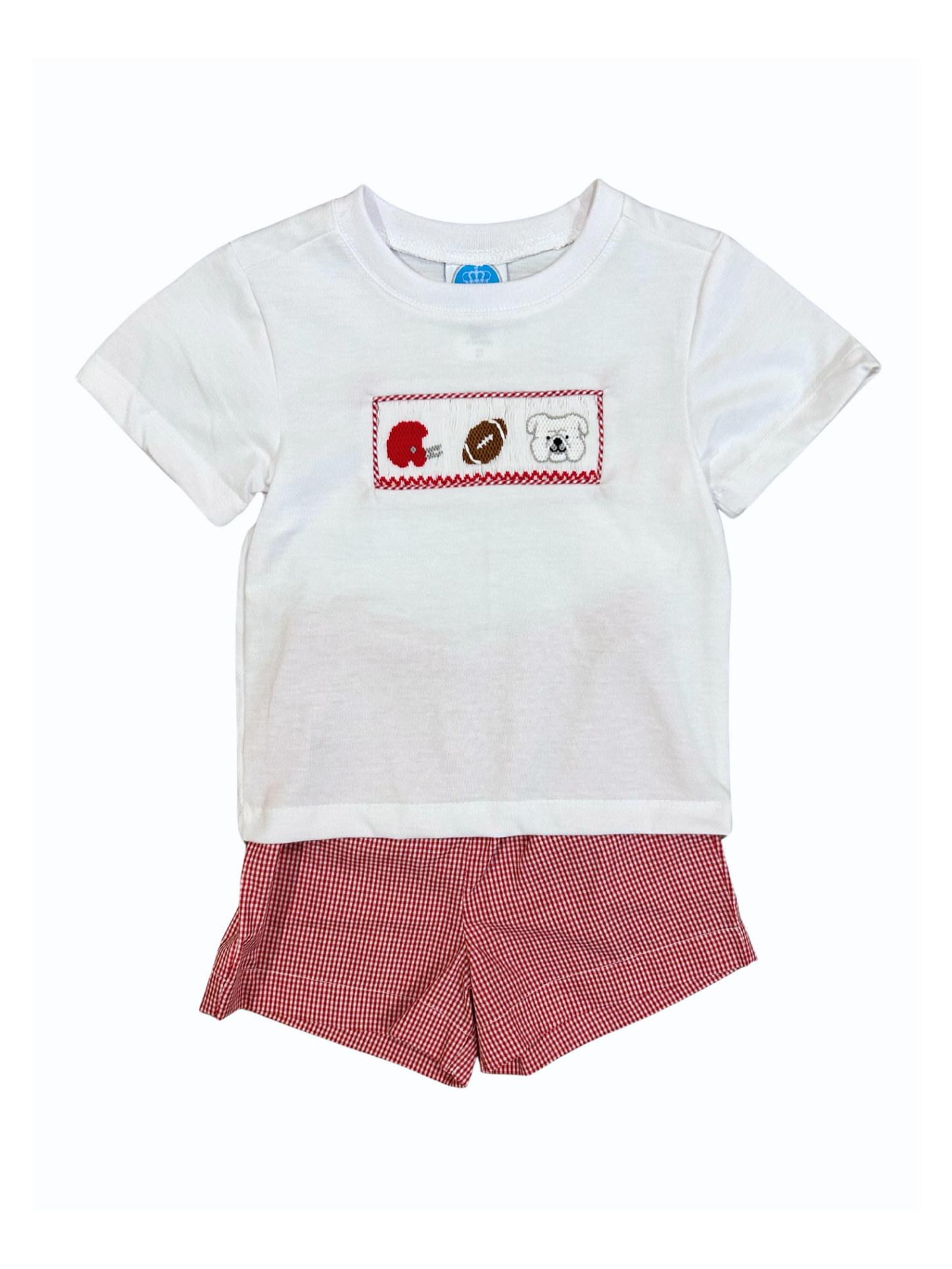 Red Gingham Bulldog Spirit trio Smock Short Set