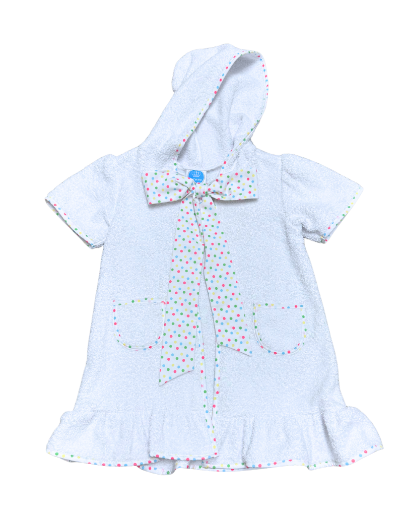 Hooded Terry Cloth Cover Up with Colorful Polka Dot Bow