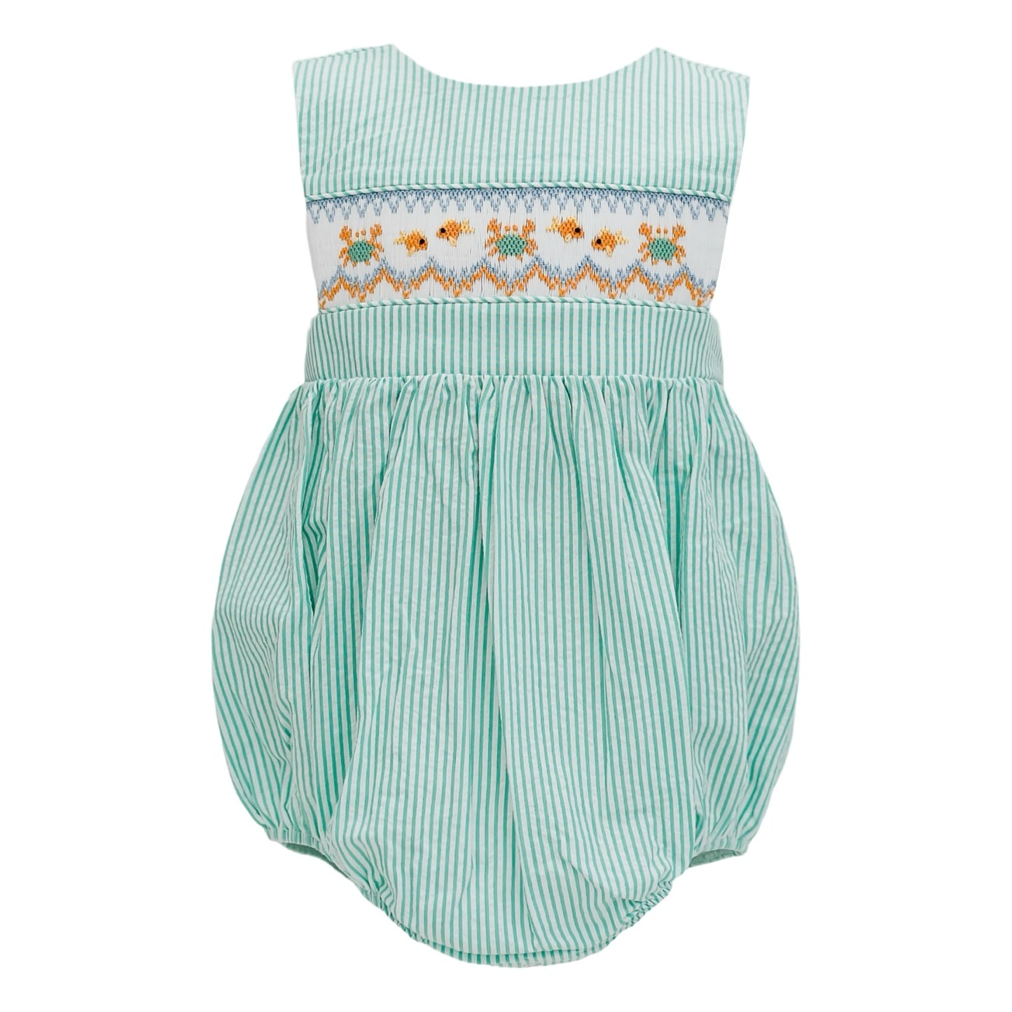 Teal Stripe Smocked Crabs and Fish Sunbubble