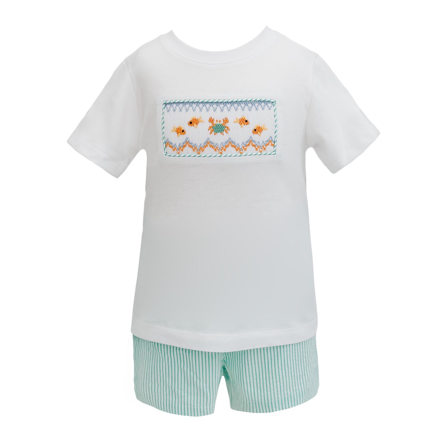 Teal Stripe Smocked Crabs and Fish Short Set