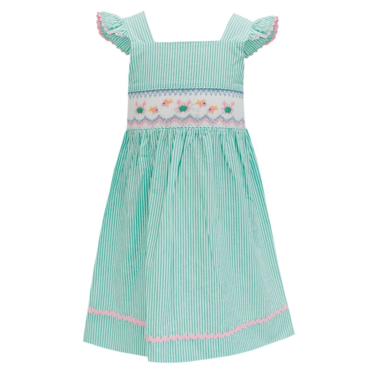 Teal Stripe Smocked Crabs and Fish Sundress