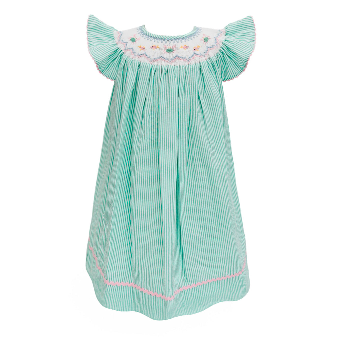 Teal Stripe Bishop Smocked Crabs and Fish Dress