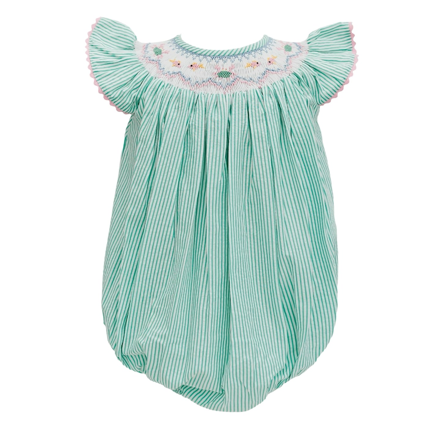 Teal Stripe Bishop Smocked Crabs and Fish Bubble