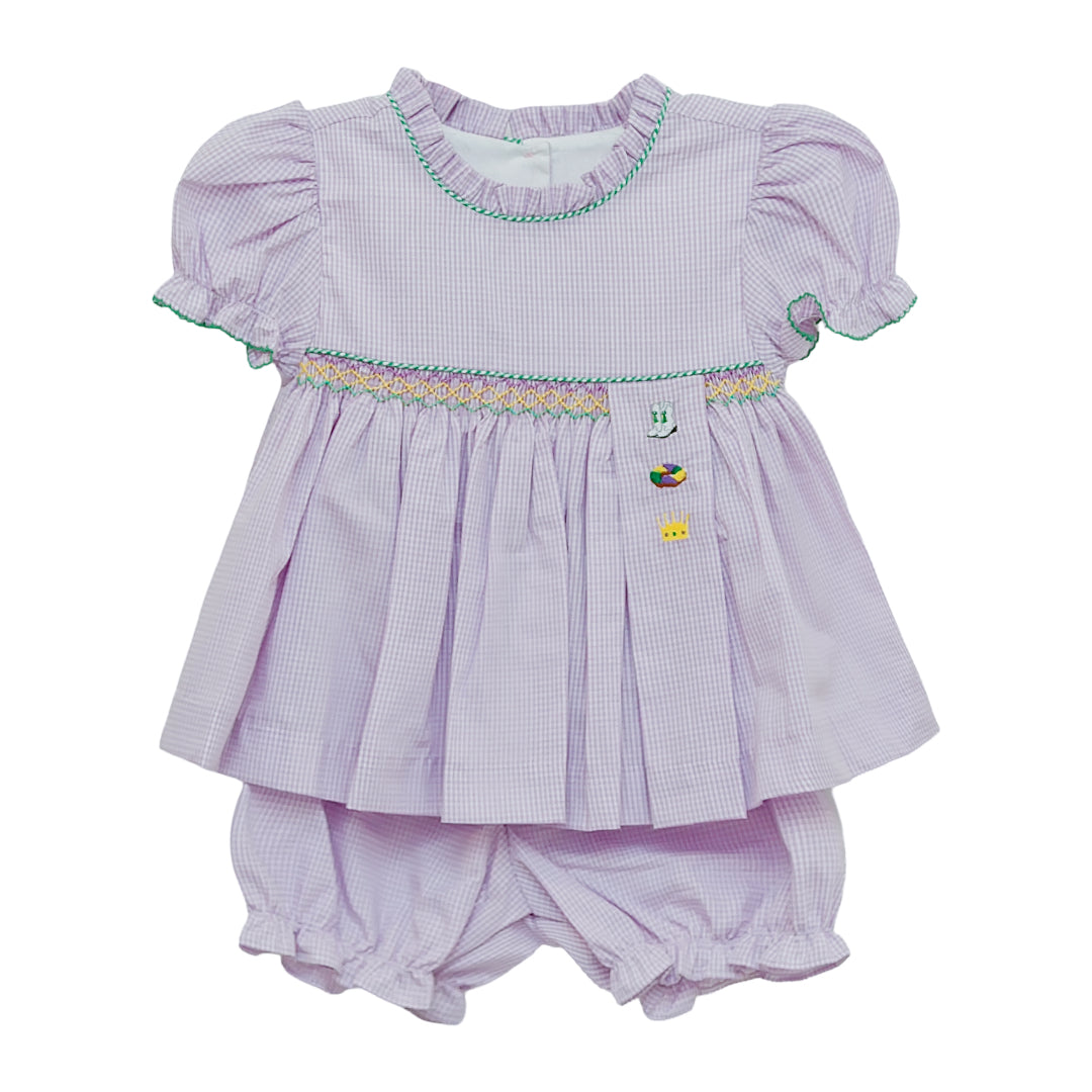 Margaret Smocked Bloomer Set, Mardi Gras Trio