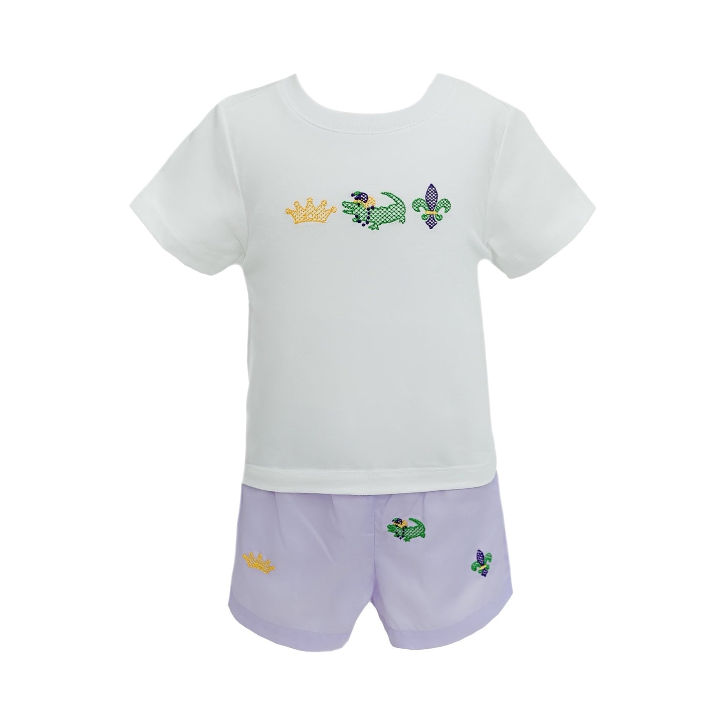 Lavender All Over Embroidered Mardi Gras Short Set