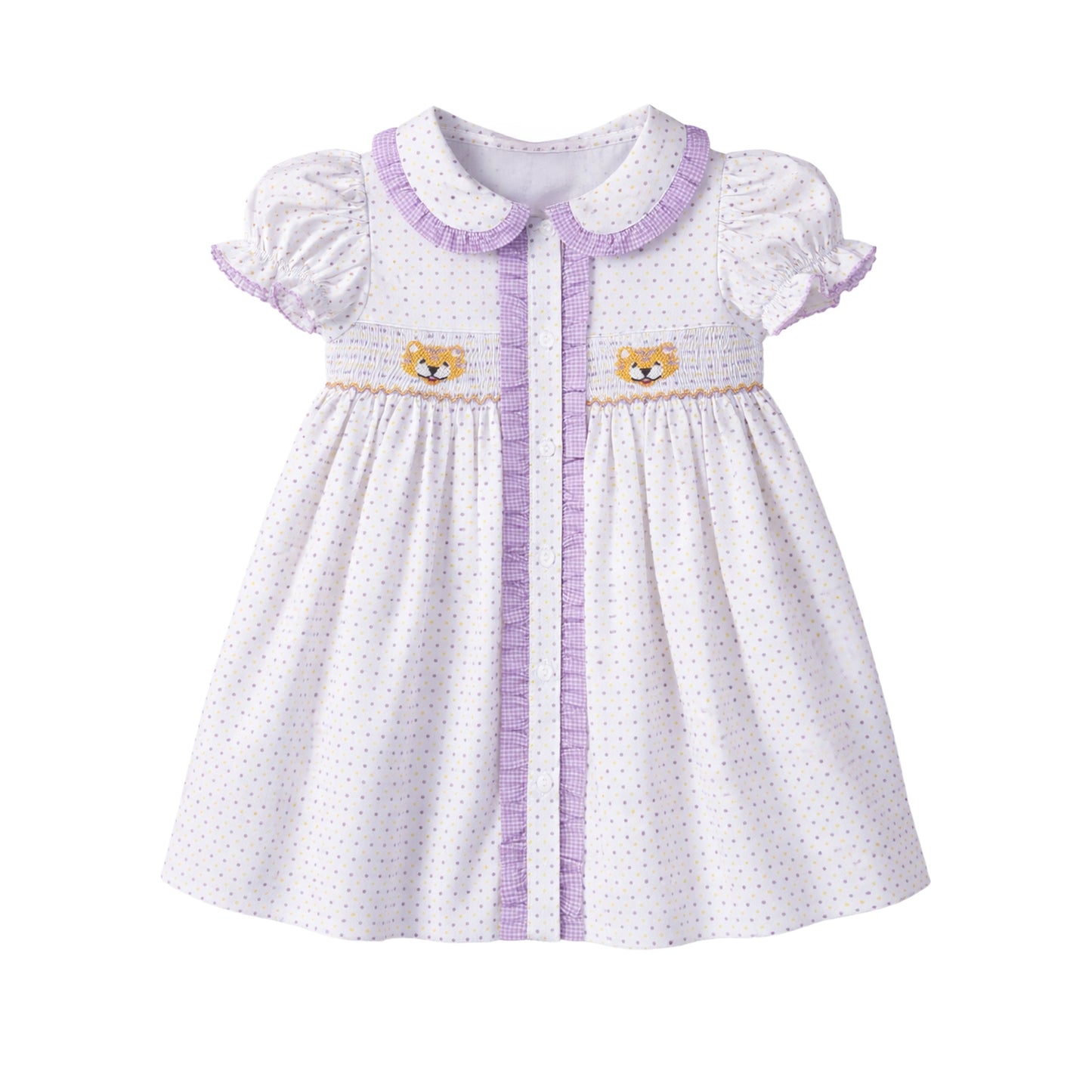 Ruby Smocked Dress, Purple Bitty Dot Tiger