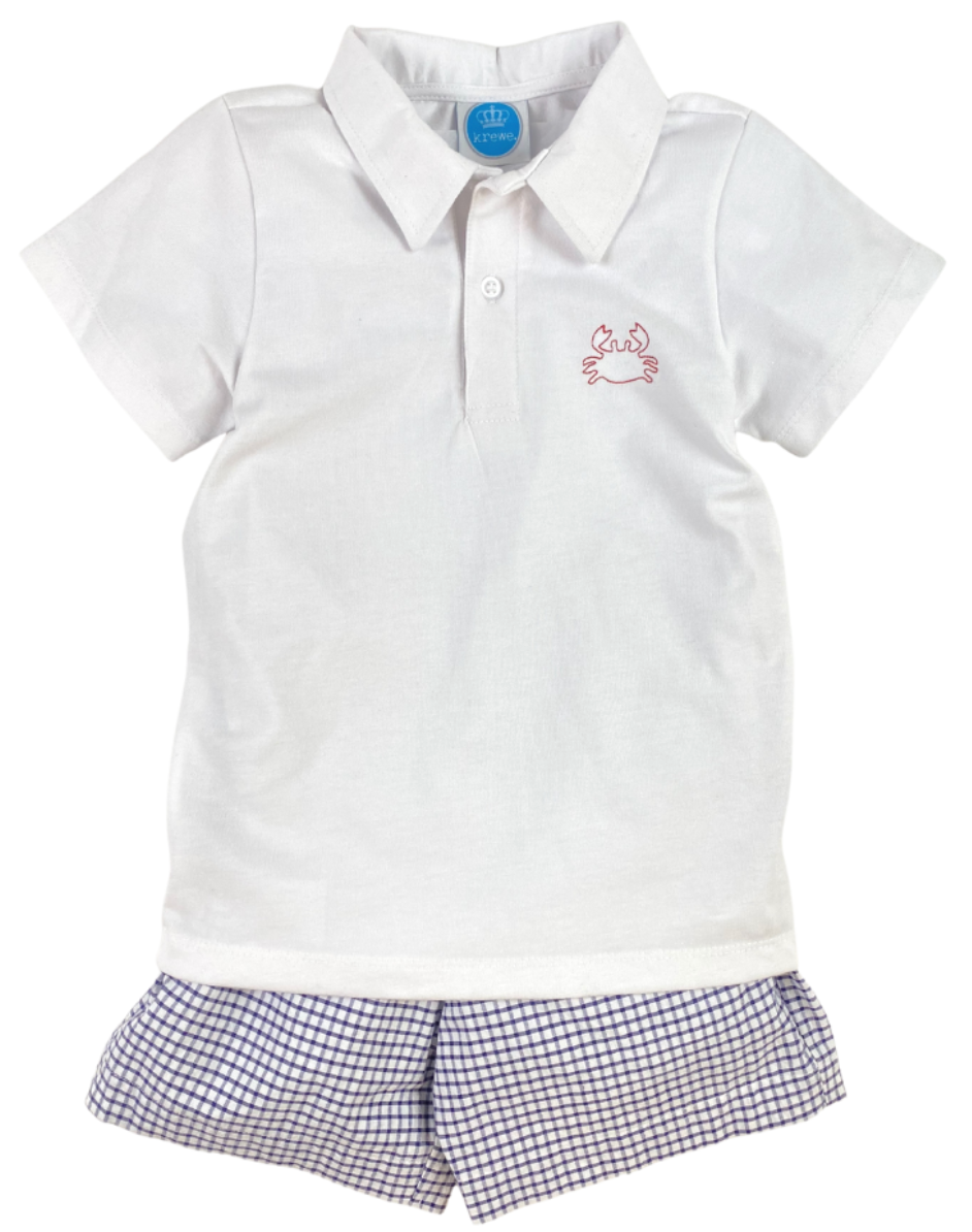 Navy Gingham Crab Embroidered Polo Short Set