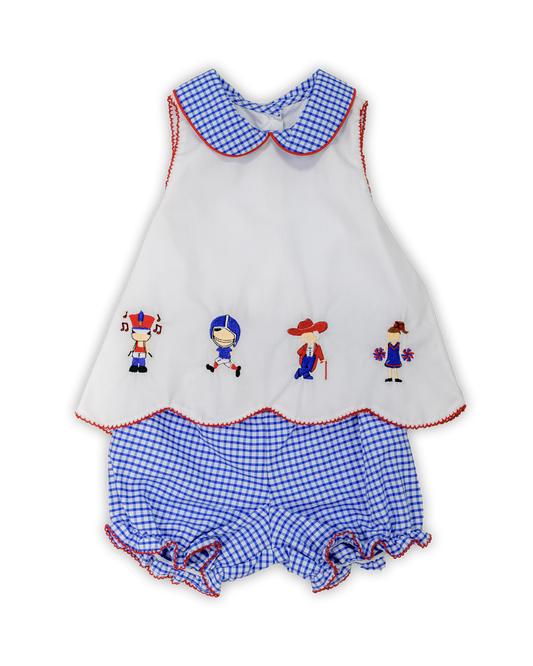 Blue Gingham Spirit Embroidered Scallop Bloomer Set