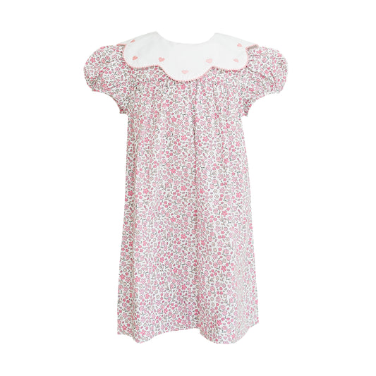 Charlotte Pink Floral Embroidered Heart Scallop Collar Dress