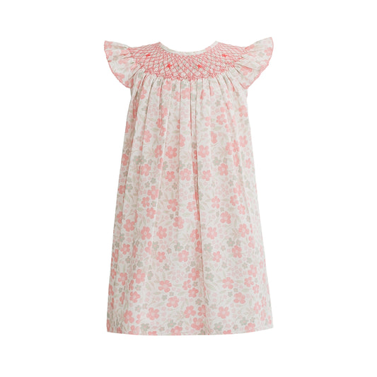 Eloise Ditsy Peach Floral Bishop Smocked Dress