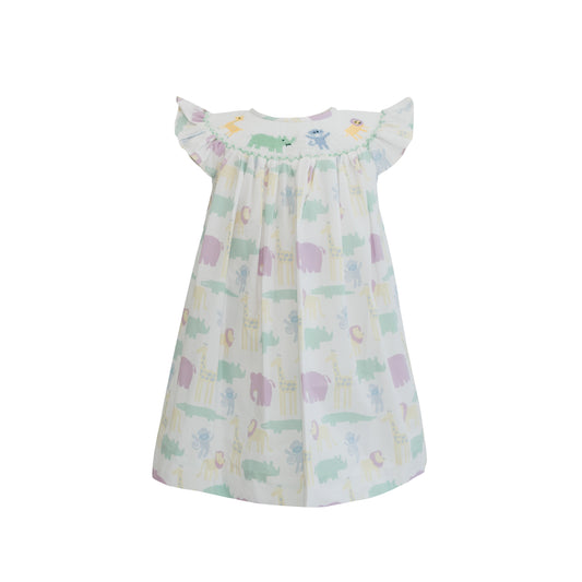 Eloise Zoo Print Bishop Smocked Dress