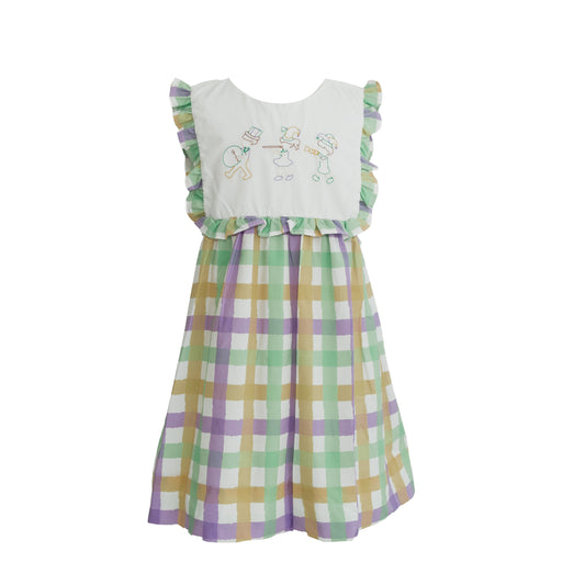 Emmie Embroidered Marching Band Mardi Gras Plaid Dress