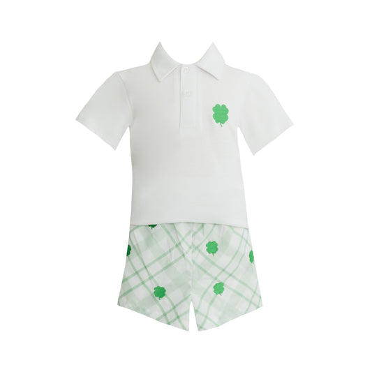 Paxton Embroidered Clover Green Plaid Polo Short Set