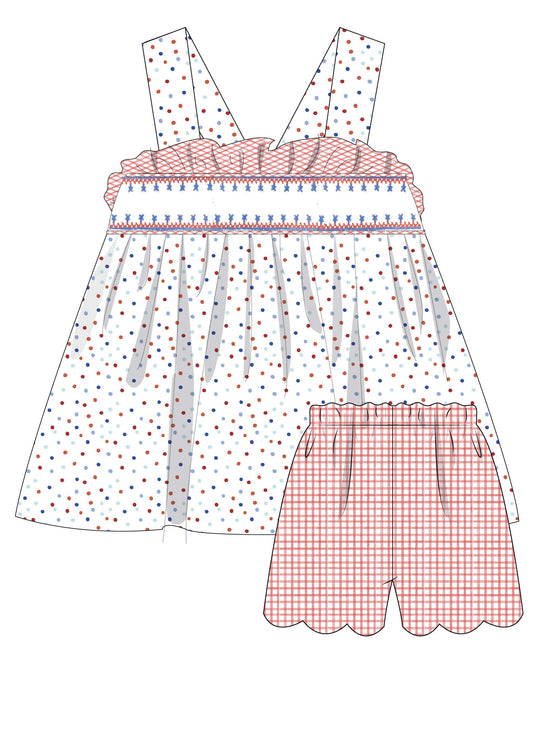 Jesse Patriotic Dots Smocked Bow Bloomer Set
