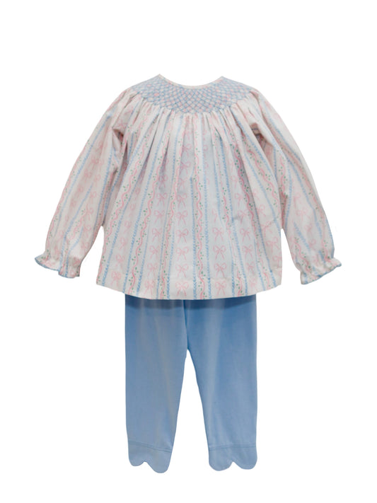 Floral Stripe and Bows Long Sleeve Bishop Smock Legging Set