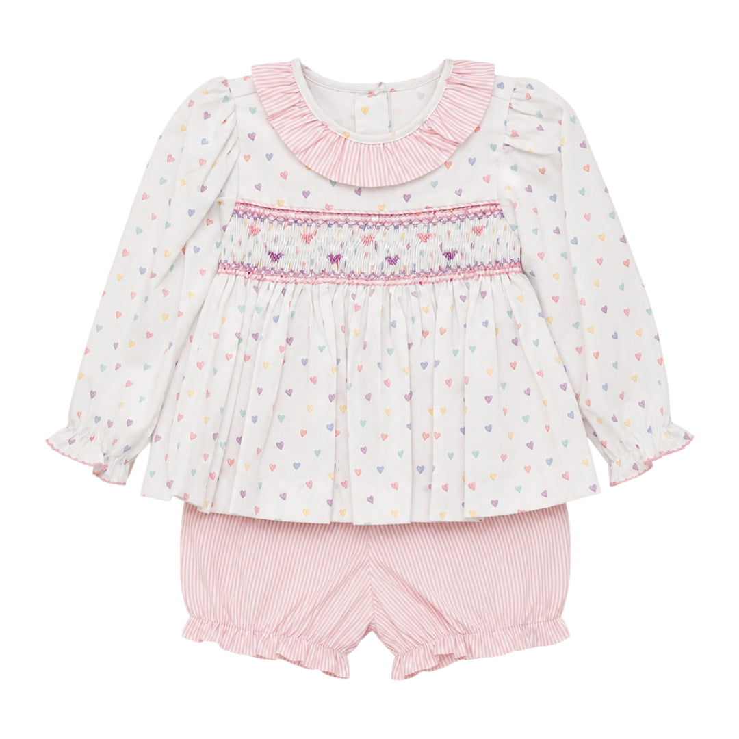 Catherine Long Sleeve Smocked Bloomer Set, Pastel Hearts
