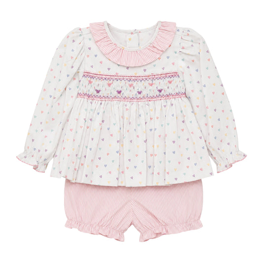 Catherine Long Sleeve Smocked Bloomer Set, Pastel Hearts