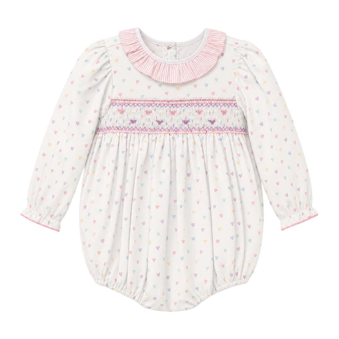 Catherine Long Sleeve Smocked Bubble, Pastel Hearts