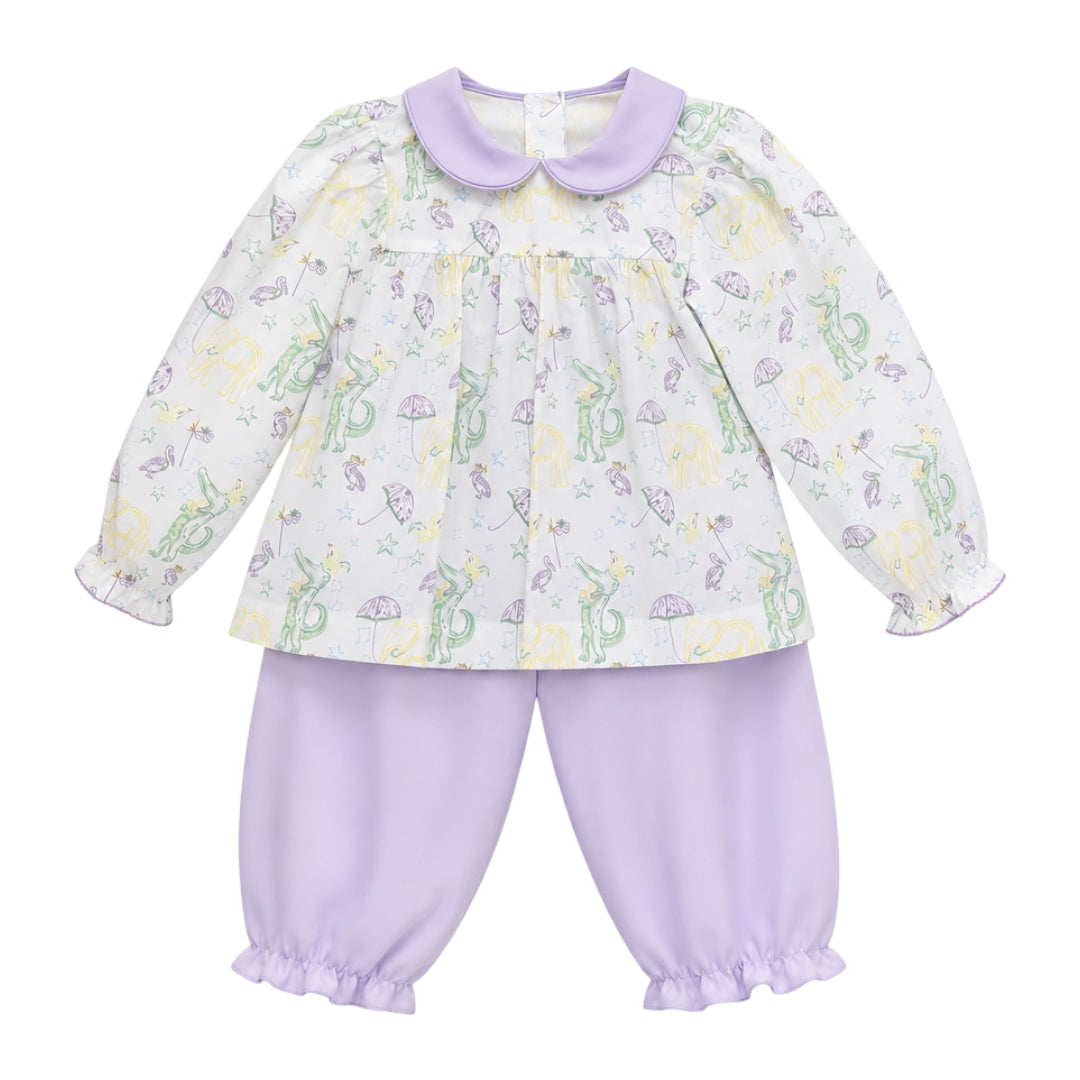 Harper Long Sleeve Bubble Pant Set, Mardi Party Print