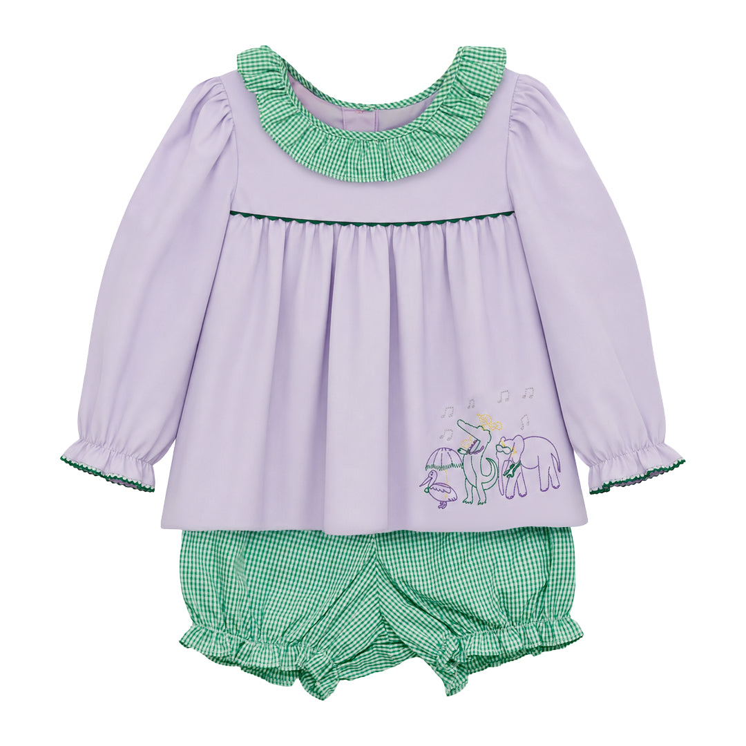 Allie Ruffle Collar Long Sleeve Bloomer Set, Mardi Party Embroidery