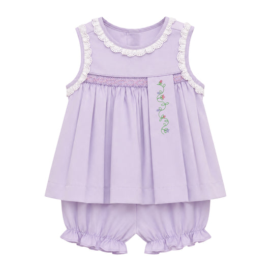 Maggie Smocked Bloomer Set, Lavender Vines