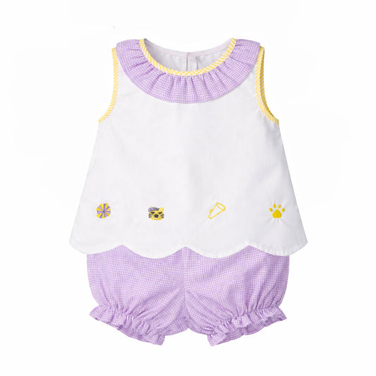 Elaine Ruffle Collar Scallop Bloomer Set, Purple Tigers
