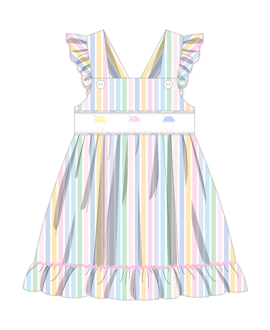 Sally Snowball Smocked Striped Ruffle Dress
