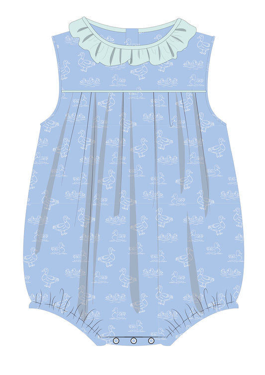Allie Blue Ducks Print Ruffle Collar Bubble