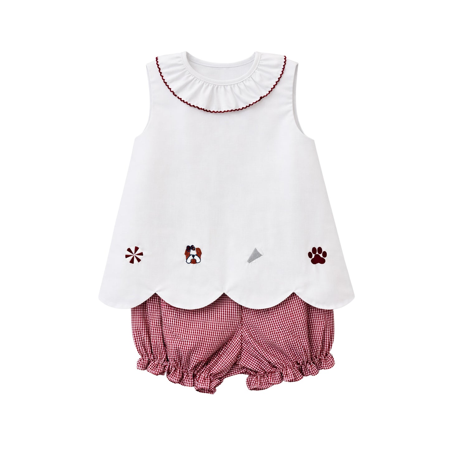 Elaine Ruffle Collar Scallop Bloomer Set, Maroon Bulldogs