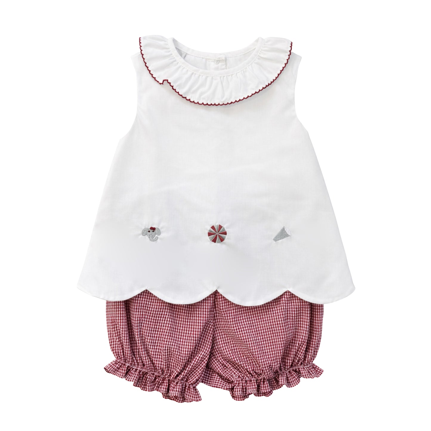 Elaine Ruffle Collar Scallop Bloomer Set, Crimson Elephants