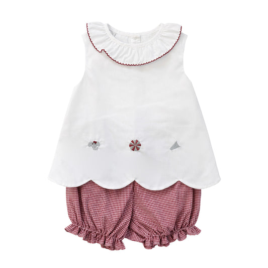 Elaine Ruffle Collar Scallop Bloomer Set, Crimson Elephants