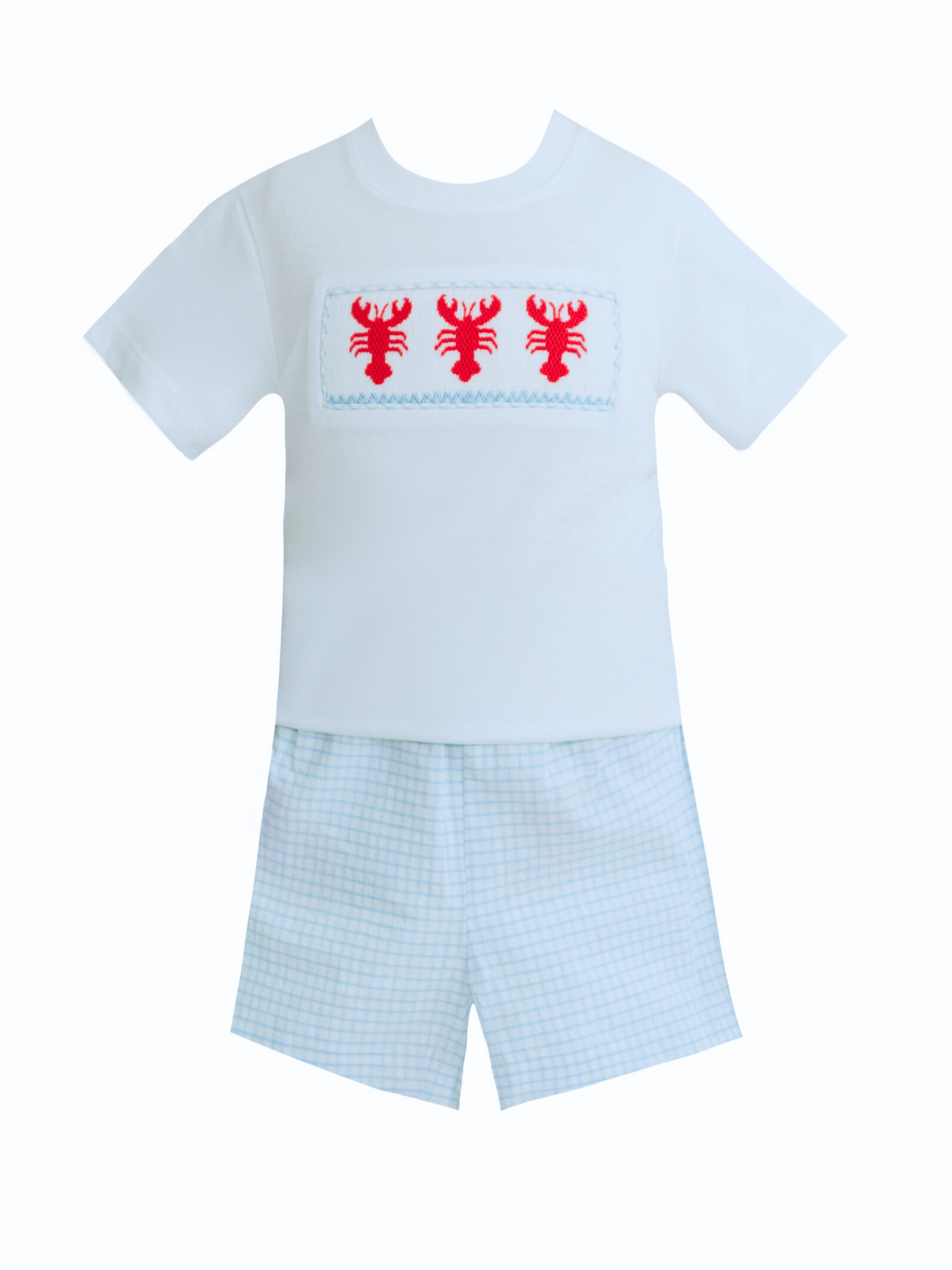 Ollie Blue Windowpane Seersucker Smocked Crawfish Short Set