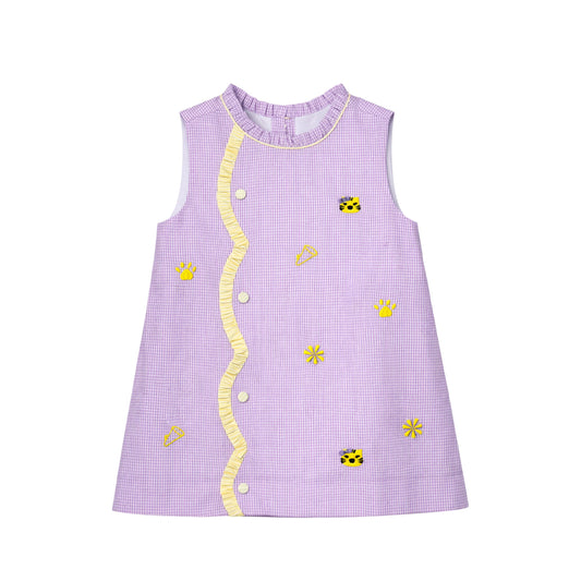 Claire Scallop Dress, All Over Embroidery Purple Tigers