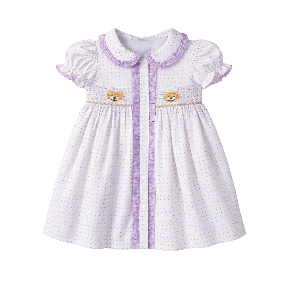 Ruby Smocked Dress, Purple Bitty Dot Tiger