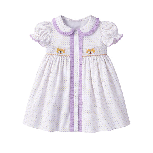 Ruby Smocked Dress, Purple Bitty Dot Tiger