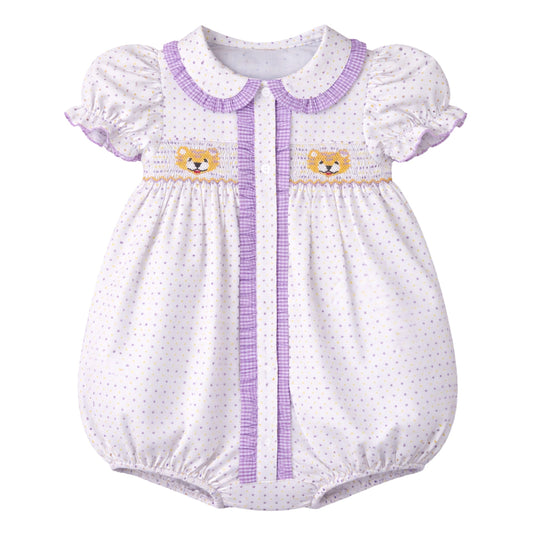 Ruby Smocked Bubble, Purple Bitty Dot Tiger