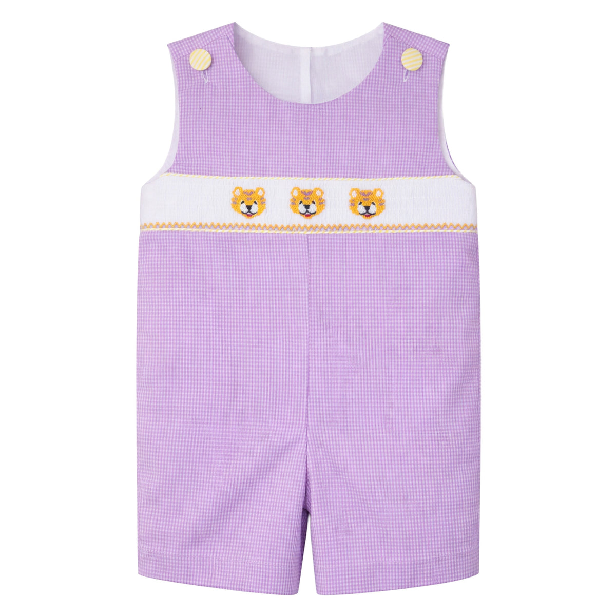 Ethan Smocked Jon Jon, Purple Gingham Tiger