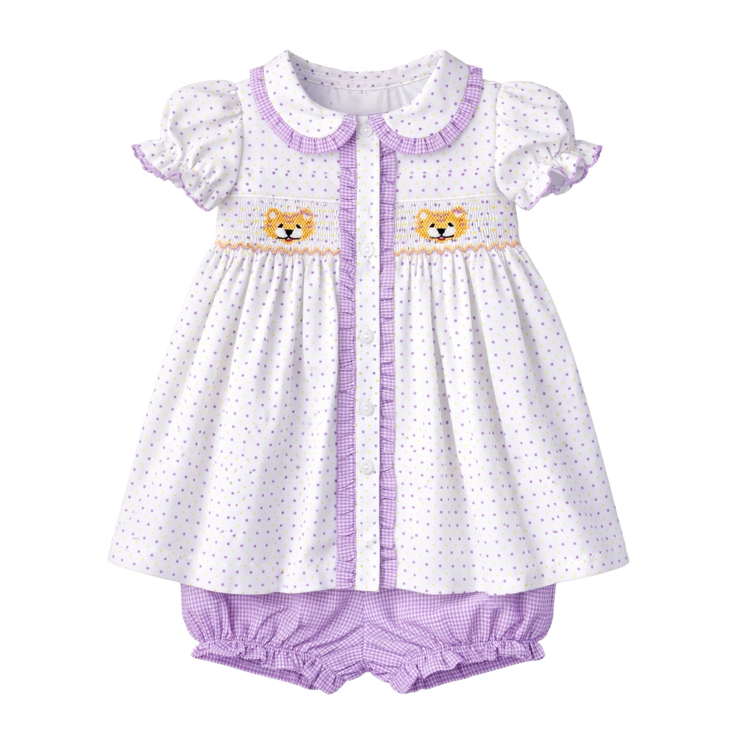 Ruby Smocked Bloomer Set, Purple Bitty Dot Tiger