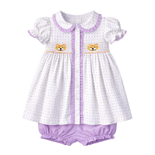 Ruby Smocked Bloomer Set, Purple Bitty Dot Tiger