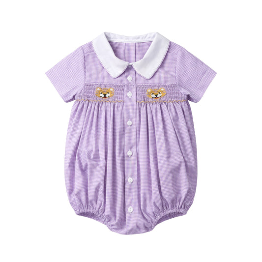 Miller Smocked Bubble, Purple Gingham Tiger