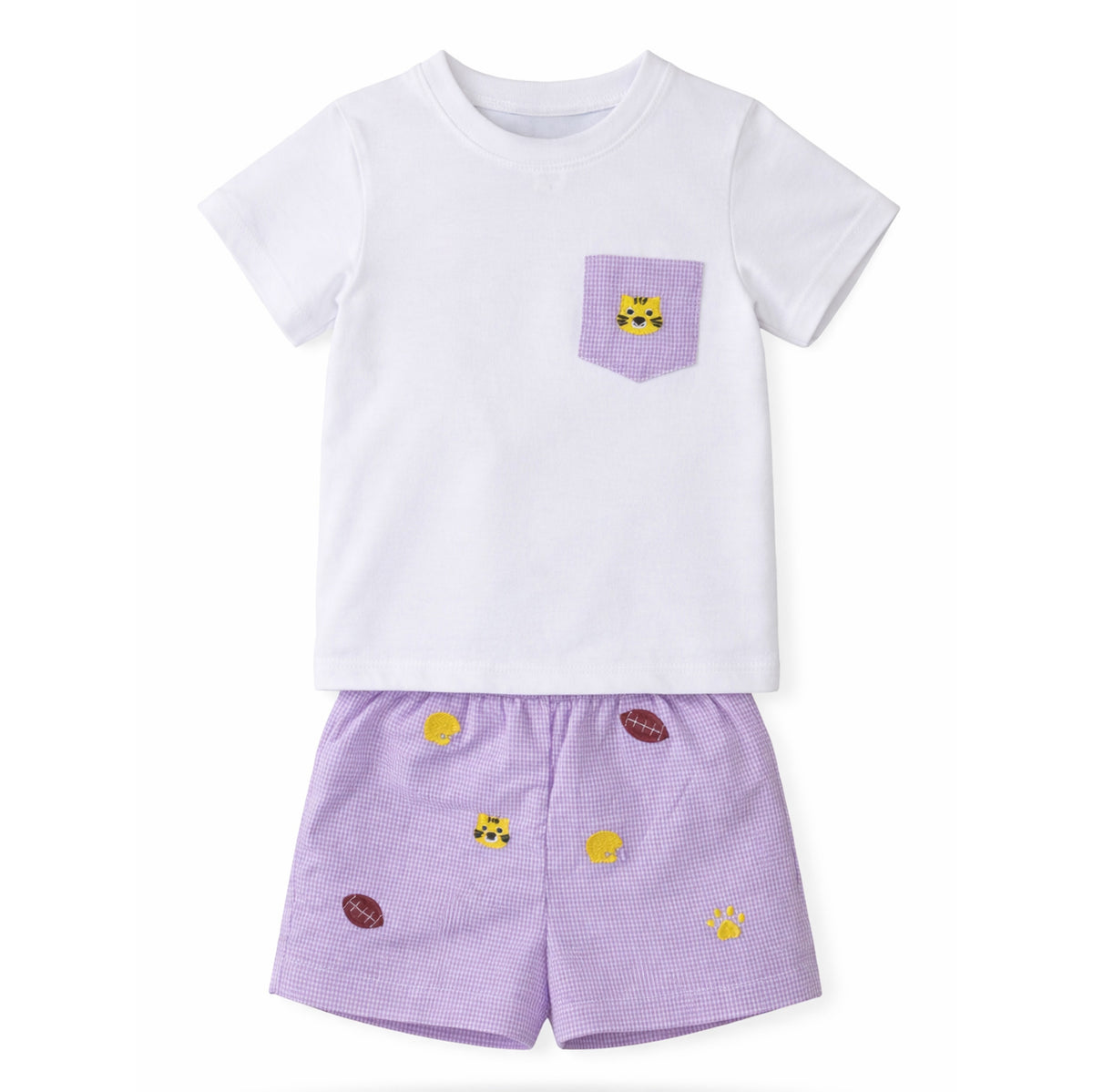Stephen Pocket Short Set, All Over Embroidery Purple Tigers