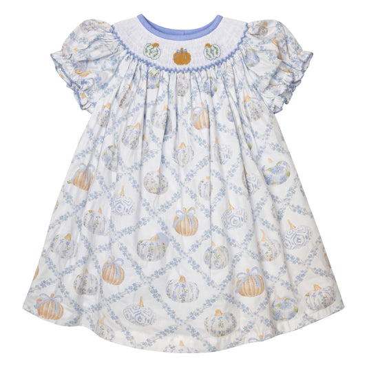 Brooke Short Sleeve Bishop Dress, Blue Pumpkin Trellis
