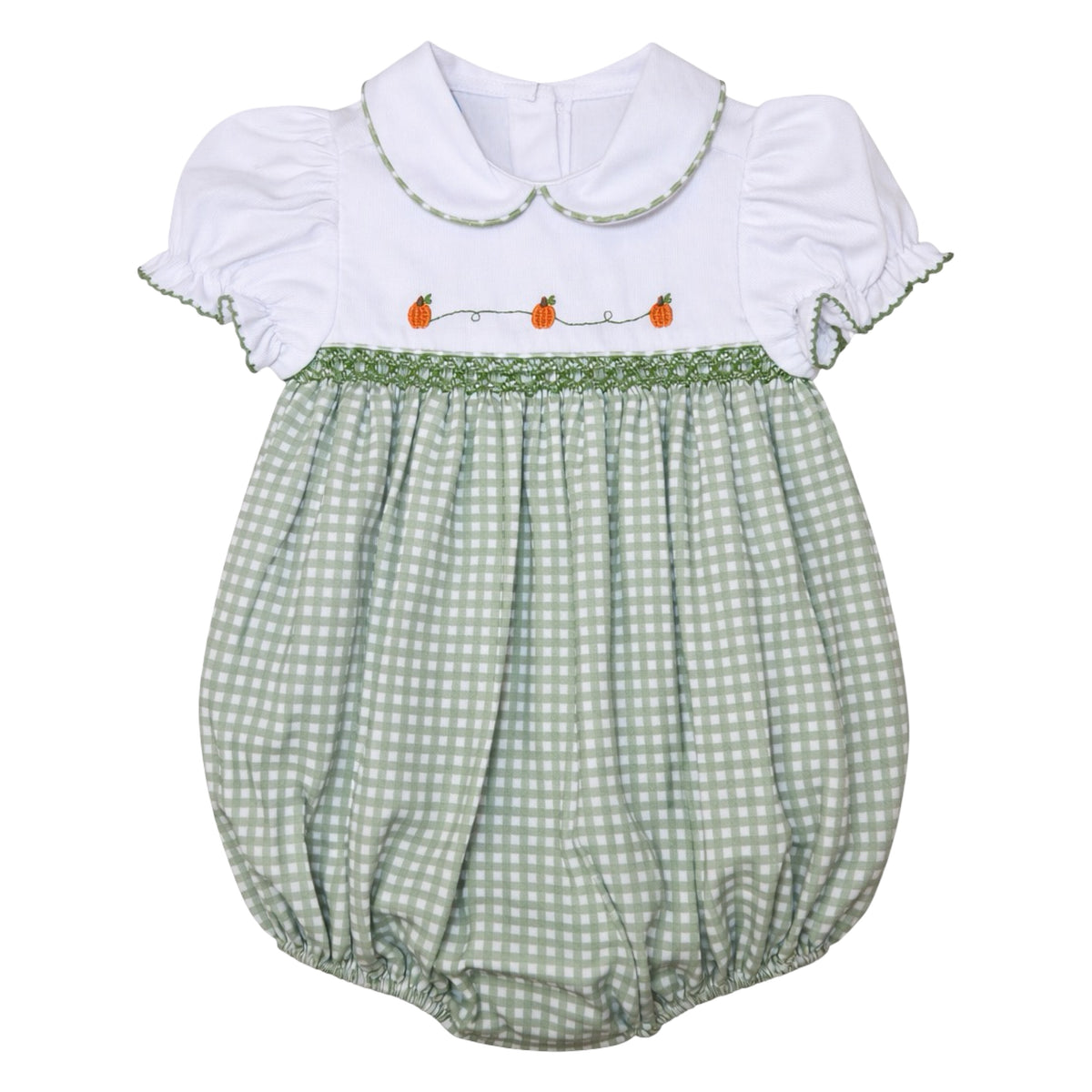 Cora Smocked Short Sleeve Bubble, Sage Pumpkins