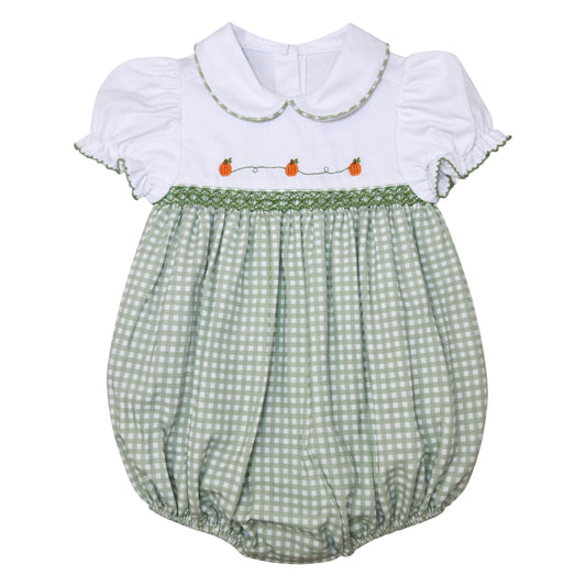 Cora Smocked Short Sleeve Bubble, Sage Pumpkins