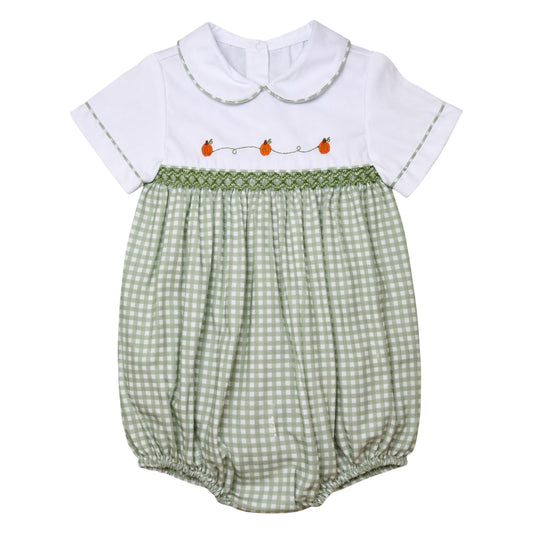 Cade Smocked Short Sleeve Boys Bubble, Sage Pumpkins