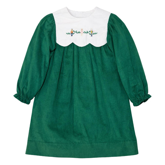 Lucy Long Sleeve Scallop Dress, Green Cord Christmas Tartan